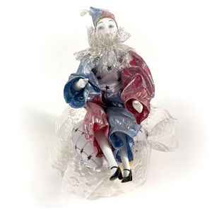 Vintage French Pierette Style Metallic Clown Wind Up Music Box Porcelain Doll